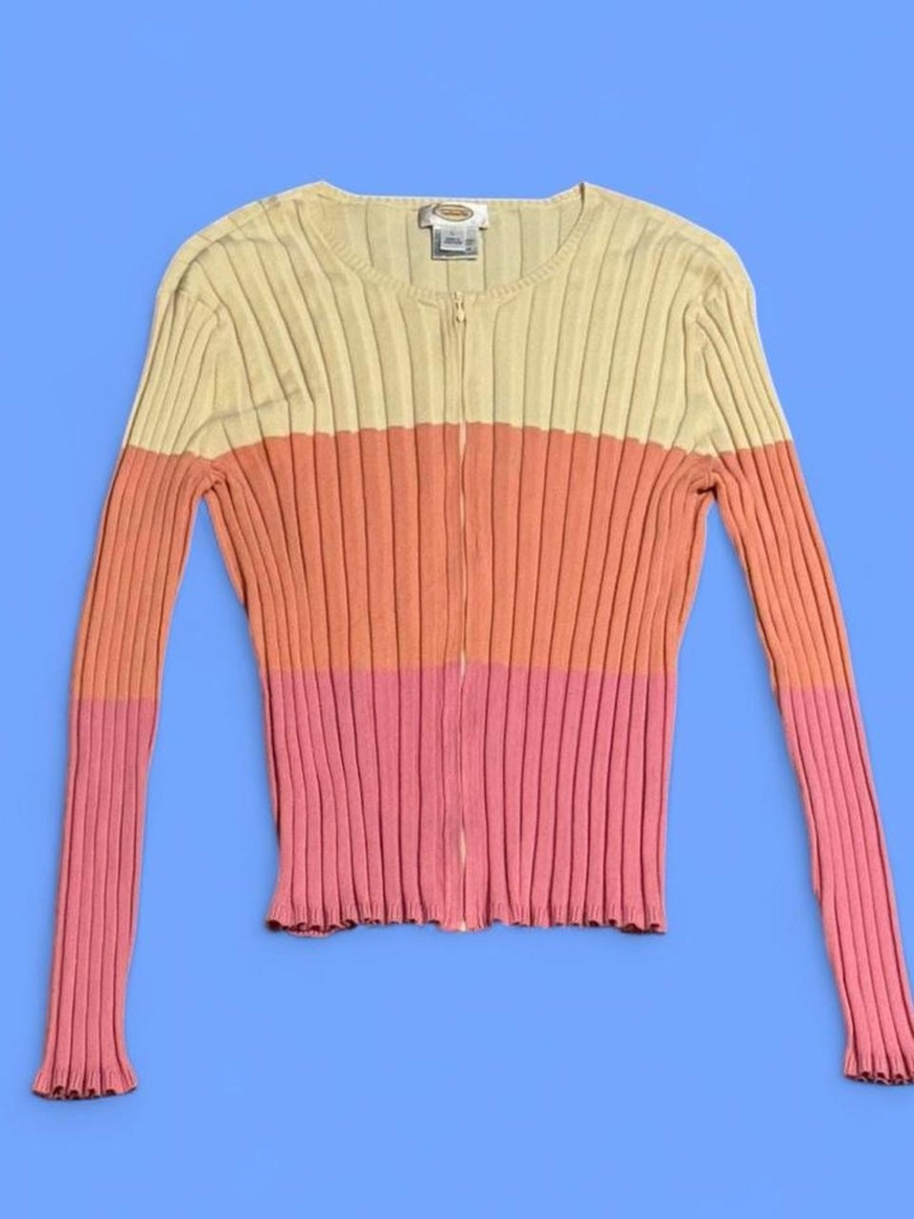 Talbots Colorblock Ribbed Zip Cardigan in Cream, Orange & Pink